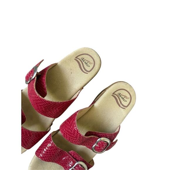 Dansko Sophie Red Leather Reptile Double Strap Wood Wedge Sandals 39 US 9 - Picture 6 of 8